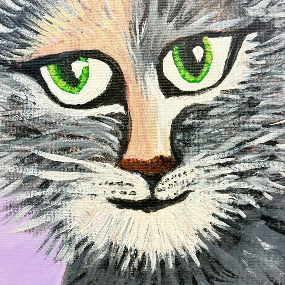 Hand Painted Whimsical Cat Canvas Board Folk Art Boho Cottagecore 16x12